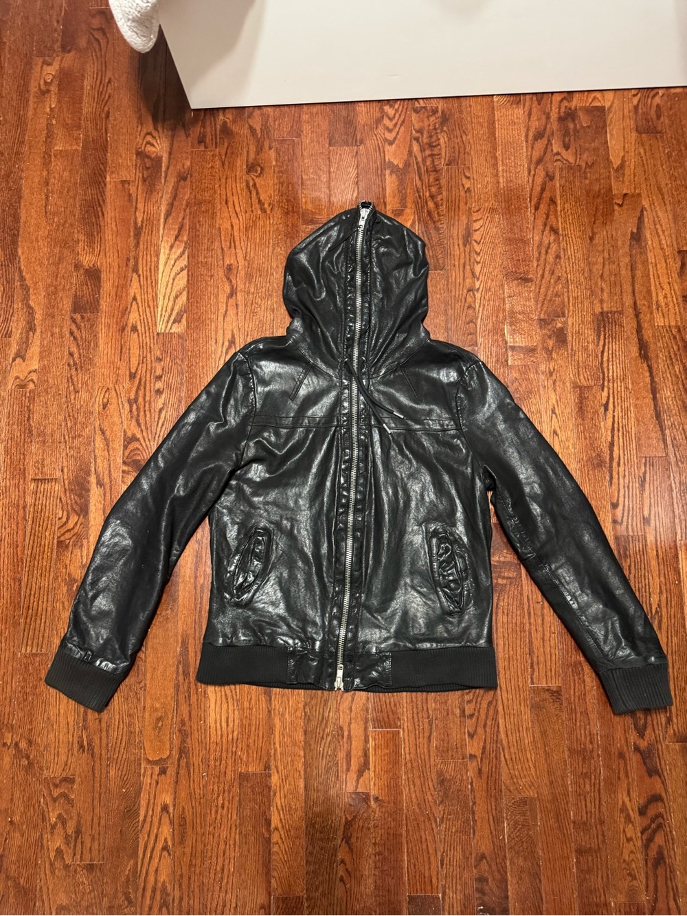 *SOLD* AllSaints Black Hooded Leather-Style Bomber Jacket